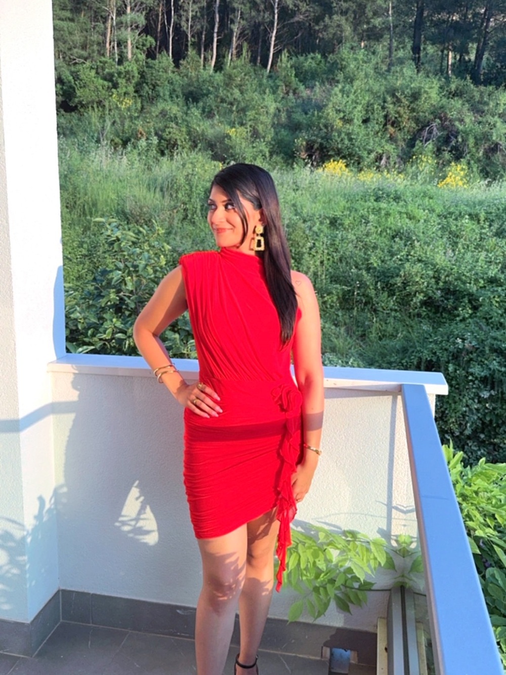 Red One-Shoulder Ruched Mini Dress
